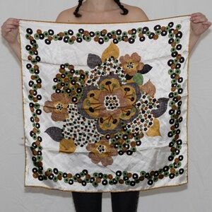Vintage flower print scarf white brown green panny acetate